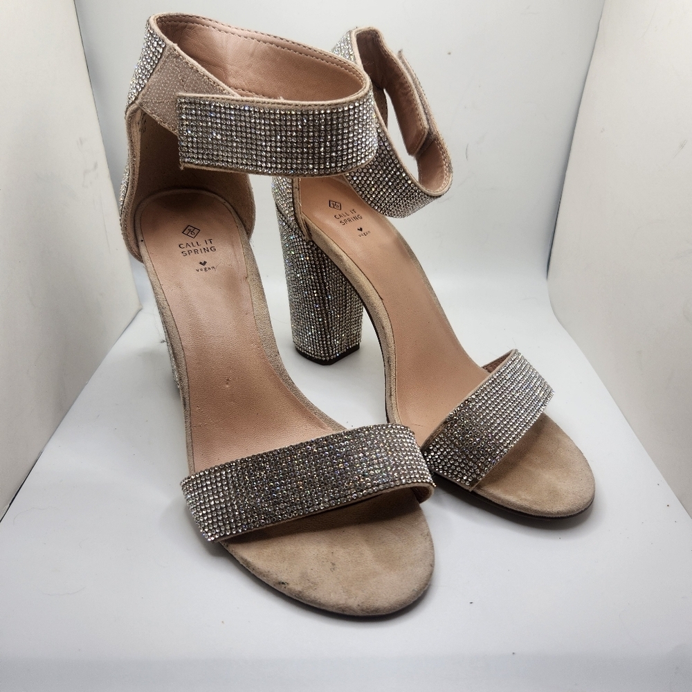 Call It Spring Women Size 7 Rhinestone Strap Heels Vegan Leather Formal Cocktail